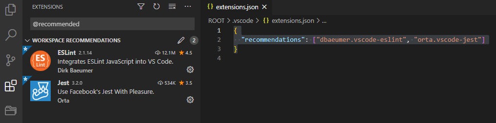 Visual Studio Code sidebar with workspace recommendations